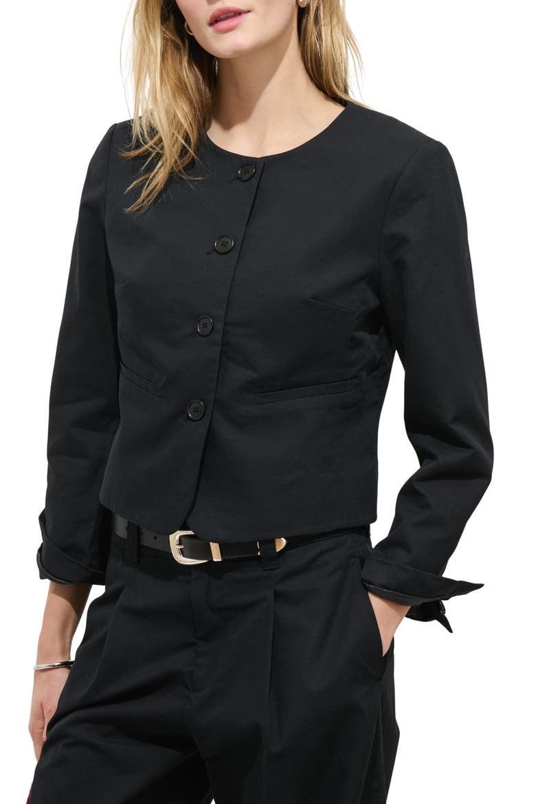 Soho Collarless Cotton & Linen Jacket, Main, color, BLACK
