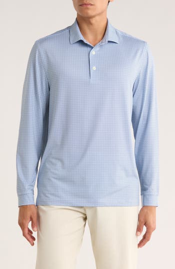Greg Norman Knotweed Print Long Sleeve Performance Golf Polo In Blue