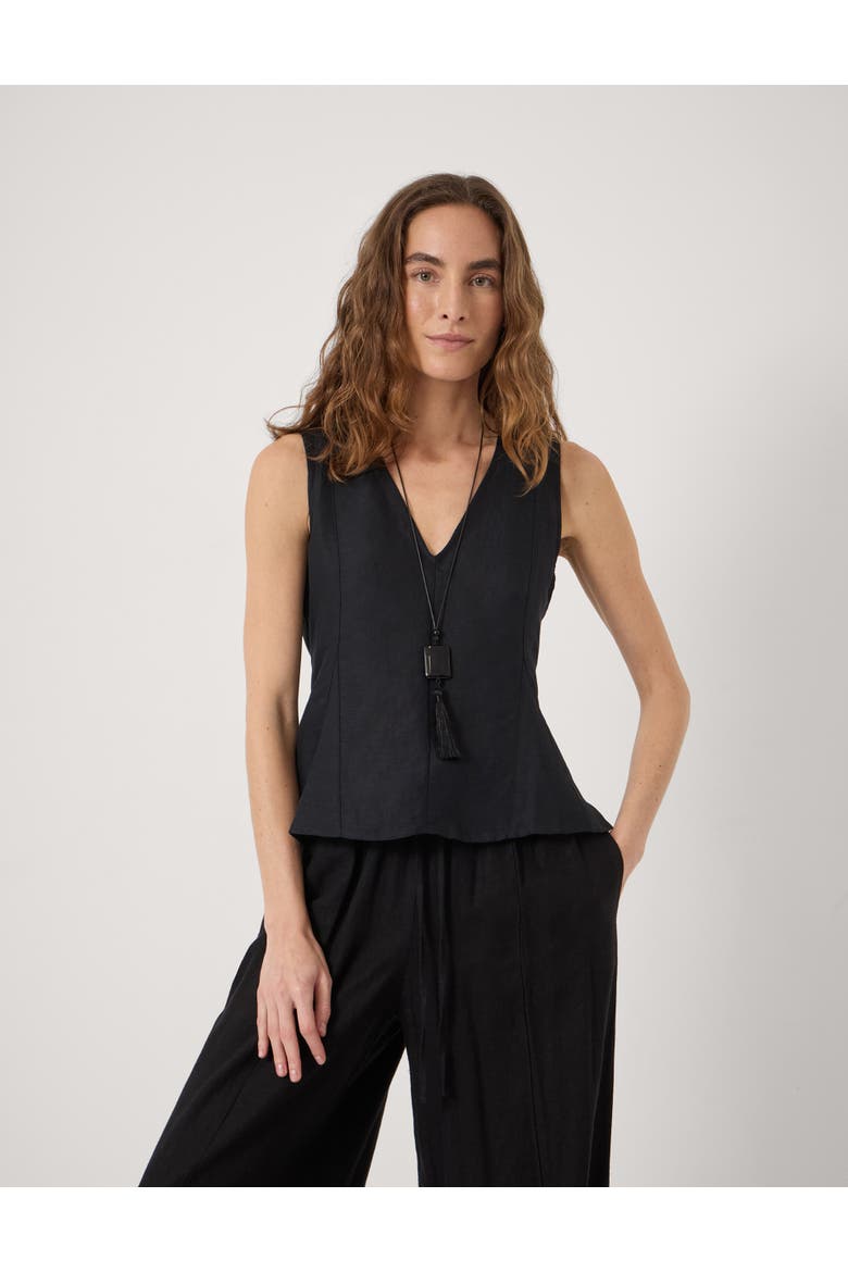 Jose V-Neck Godet Linen Top, Main, color, Black