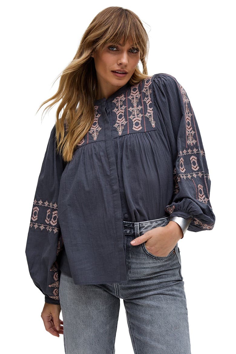 Demi Embroidered Ballon Sleeve Shirt, Main, color, Grey
