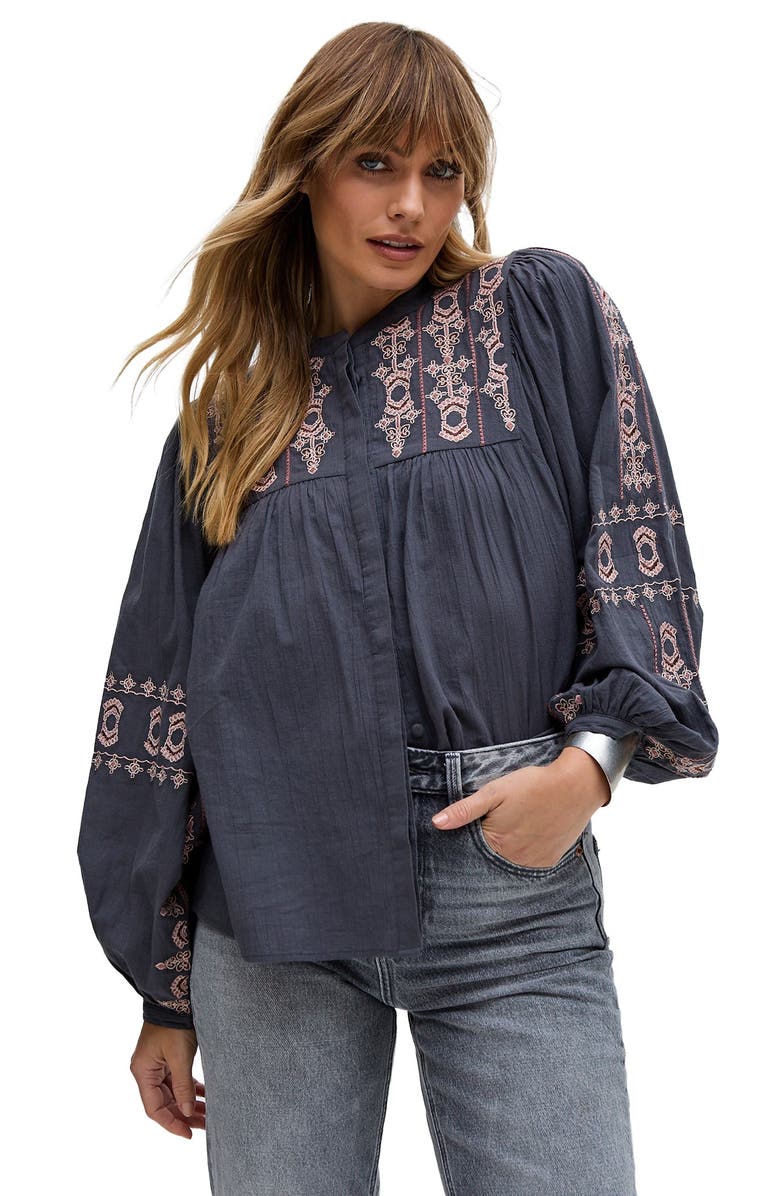 Raffya Demi Embroidered Ballon Sleeve Shirt, Main, color, Grey