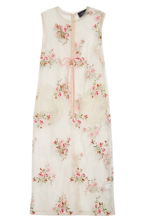 Floral Embroidered Frayed Organza Column Dress