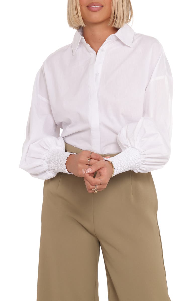 Petal & Pup Carys Smocked Cuff Cotton Poplin Button-Up Shirt, Main, color, White