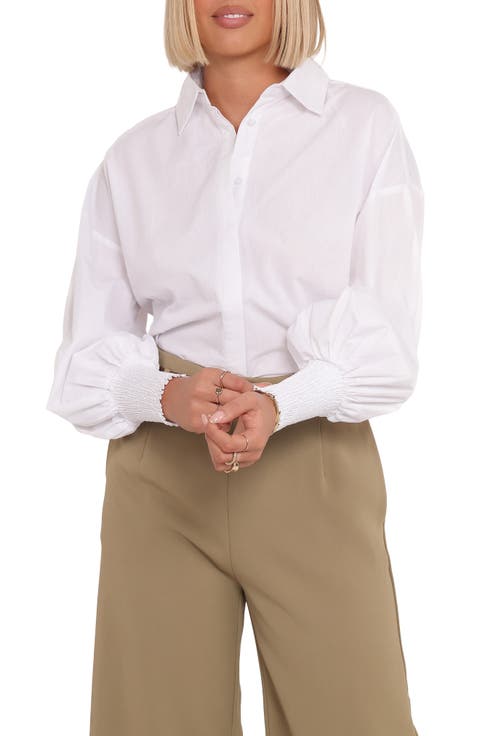 Carys Smocked Cuff Cotton Poplin Button-Up Shirt