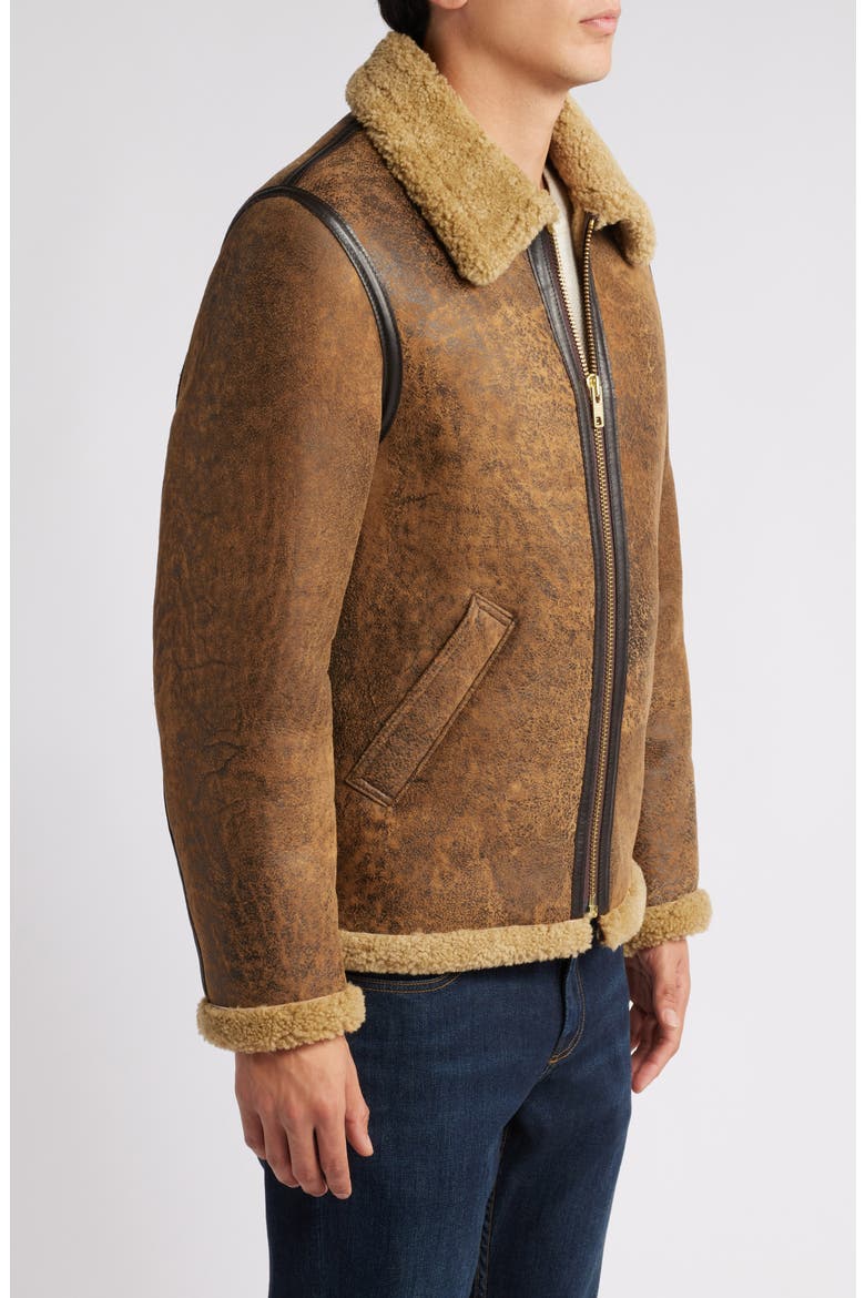 Genuine Shearling Collar Sheepskin Bomber Jacket, Alternate, color, BROWN