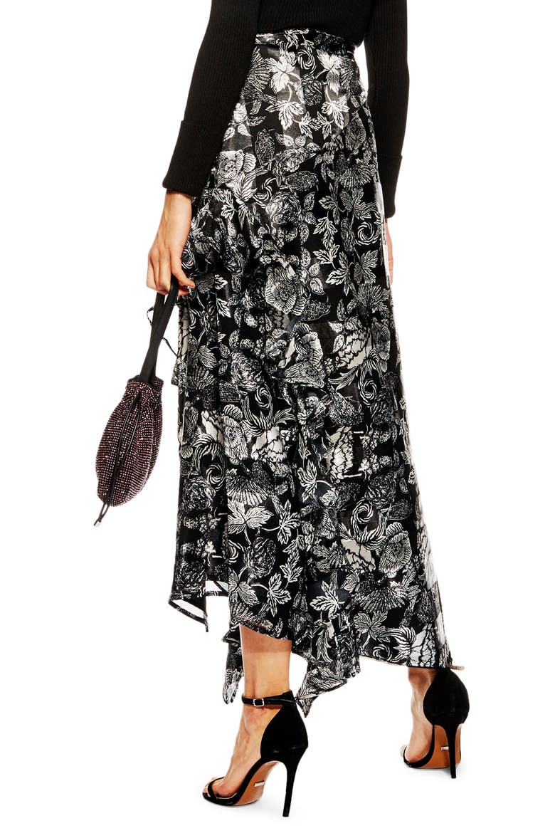 Feather Embellished Floral Maxi Skirt, Alternate, color, SILVER MULTI