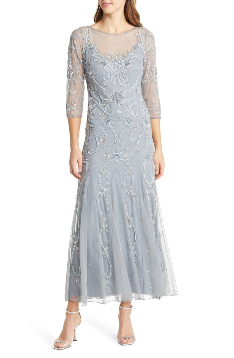 Pisarro Nights Beaded Illusion Neck Gown, Main, color, Sea Blue