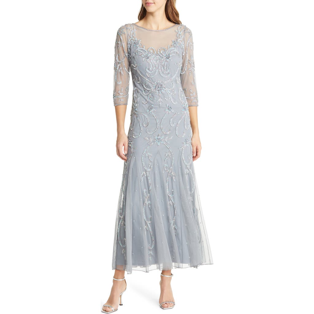 Pisarro Nights Beaded Illusion Neck Gown In Blue