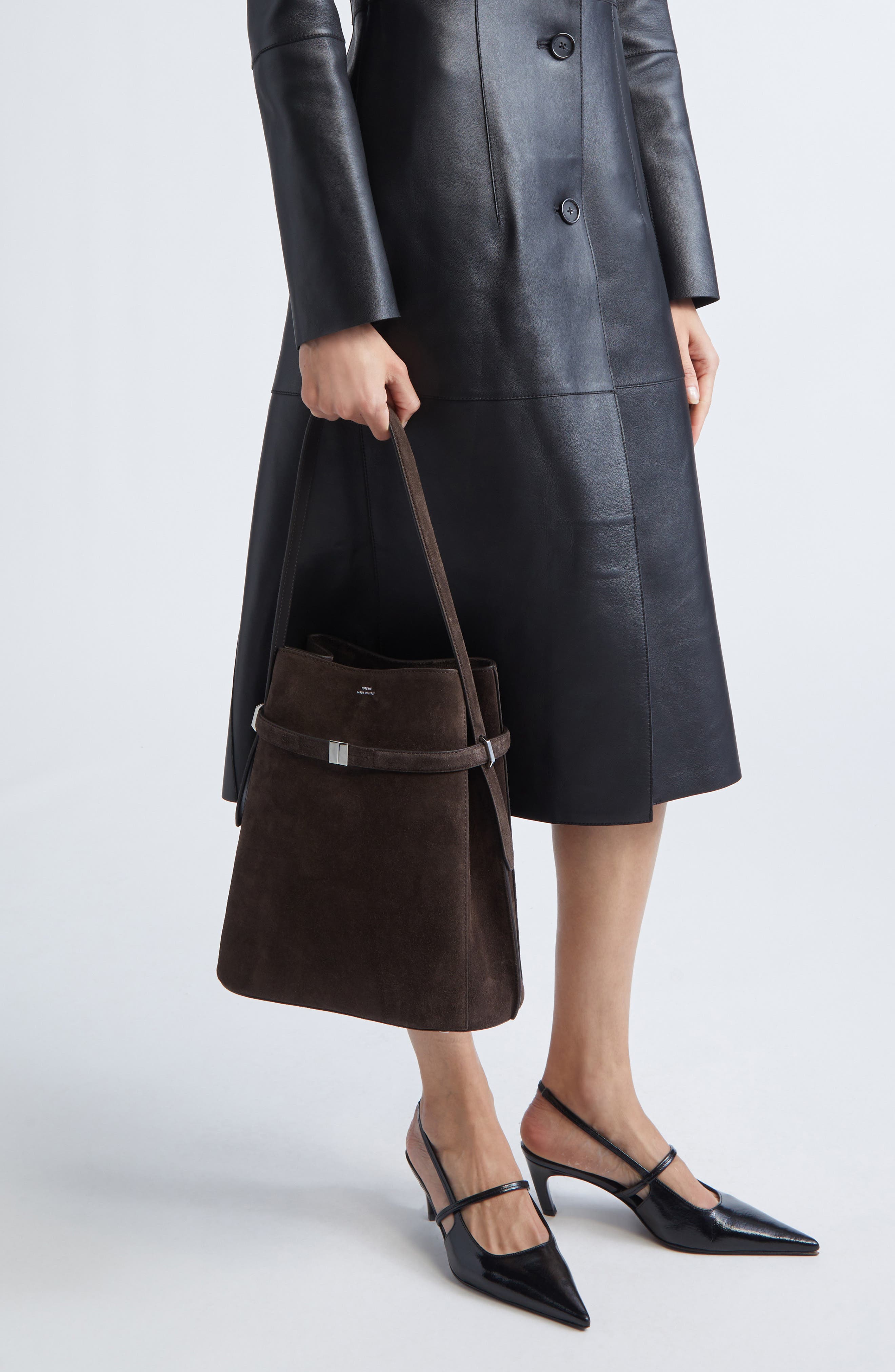 Belted Suede Bucket Bag, Alternate, color, BROWN