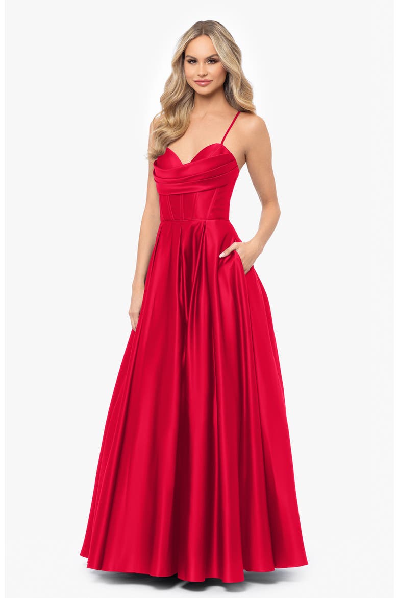 Corset Bodice Satin A-Line Gown, Alternate, color, RED