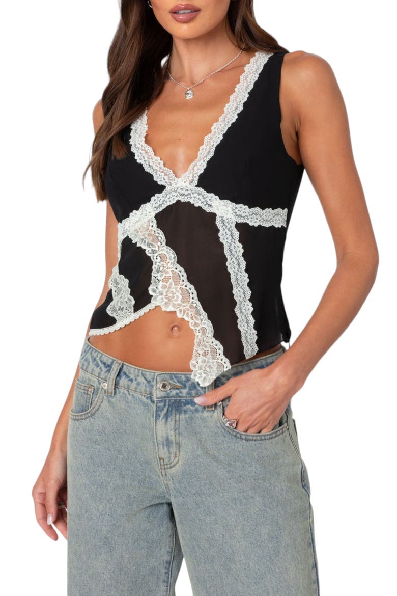 Asymmetric Lace Trim Chiffon Tank Top, Main, color, BLACK-AND-WHITE