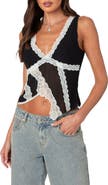 EDIKTED Asymmetric Lace Trim Chiffon Tank Top