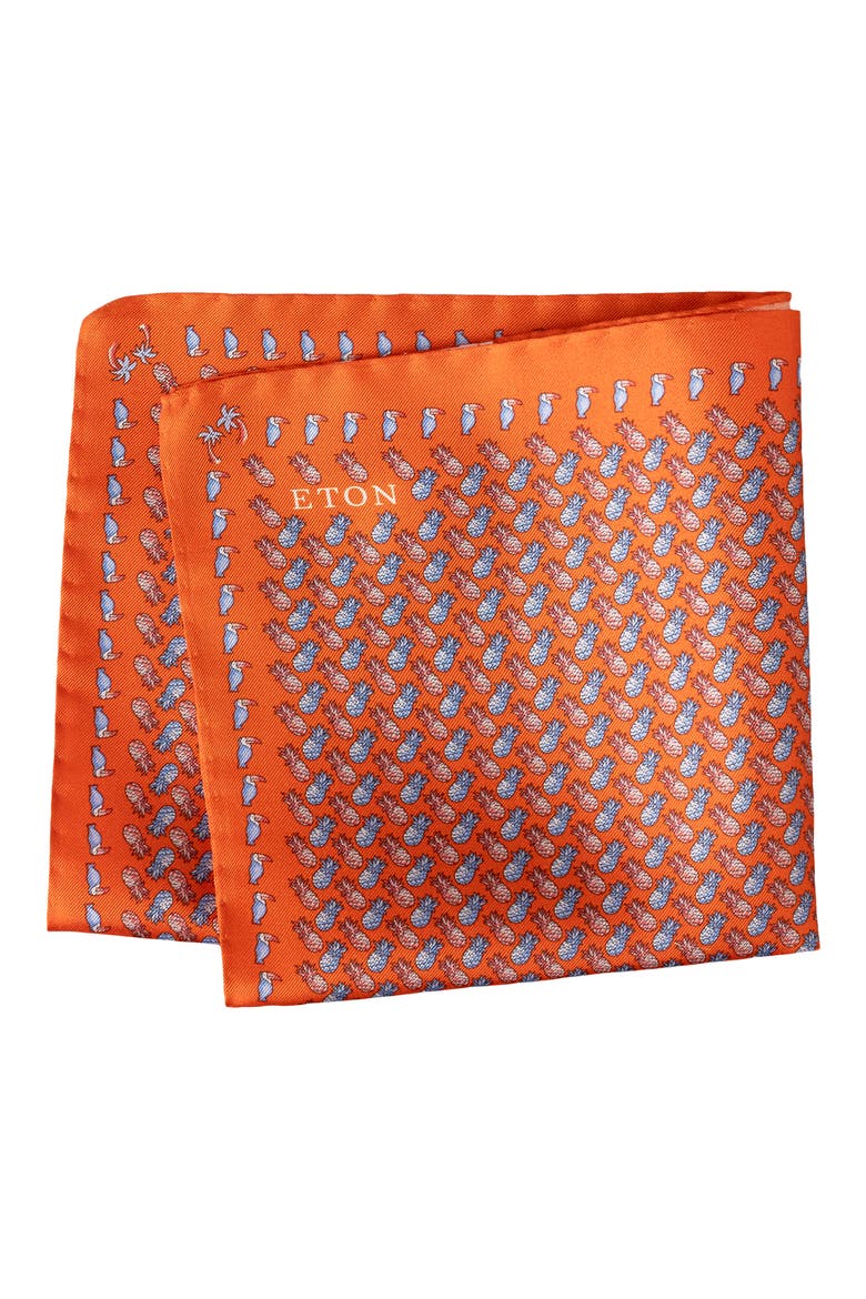 Orange Pineapple Print Silk Twill Pocket Square, Main, color, MEDIUM ORANGE
