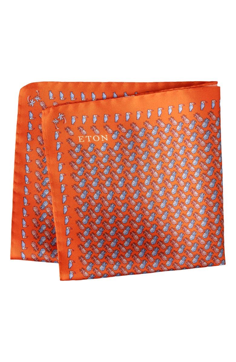Eton Orange Pineapple Print Silk Twill Pocket Square, Main, color, Medium Orange