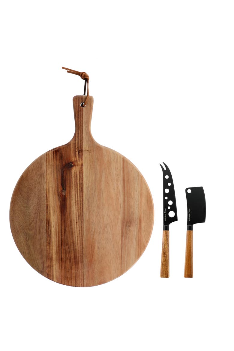 3 Piece Acacia Wood Charcuterie Board and Knife Set, Main, color, Brown