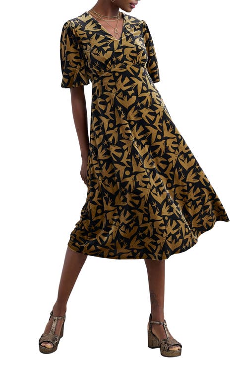 Hendra Floral Print Puff Sleeve Velvet Dress