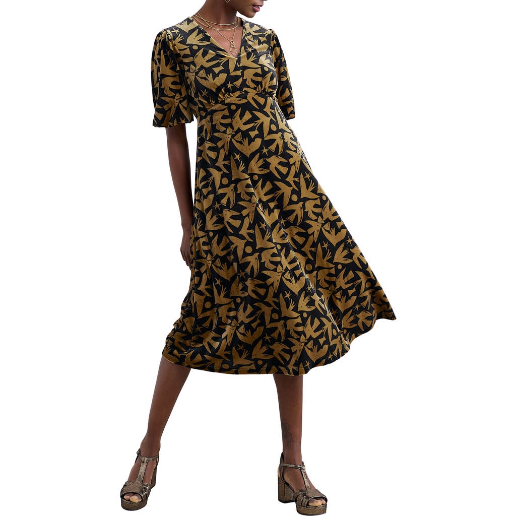 Seasalt Cornwall Hendra Floral Print Puff Sleeve Velvet Dress In Brown