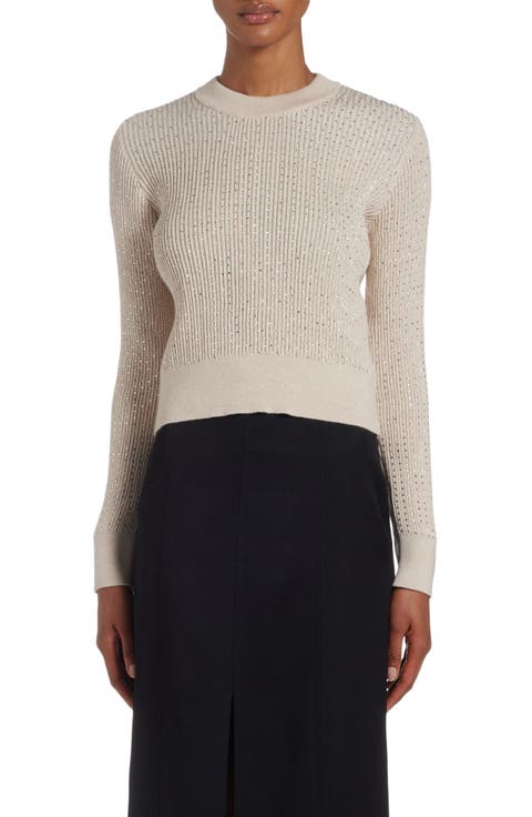 Crystal Embellished Virgin Wool Rib Crewneck Sweater