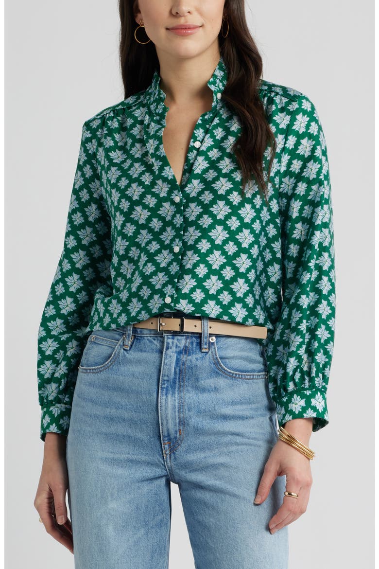 Ruffle Button-Up Shirt, Main, color, GREEN- BLUE MILLIE TILE