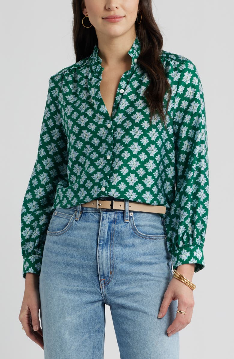 Caslon<sup>®</sup> Ruffle Button-Up Shirt, Main, color, Green- Blue Millie Tile