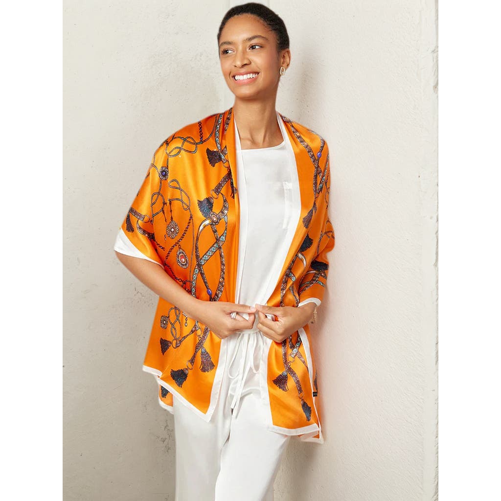 Silksilky 100% Mulberry Silk Printed Rectangular Long Shawl Scarf 170x53cm In Orange