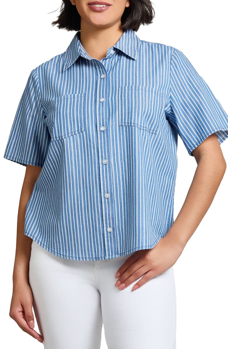 Jones New York Stripe Short Sleeve Chambray Button-Up Shirt, Main, color, Medium Indigo/ White
