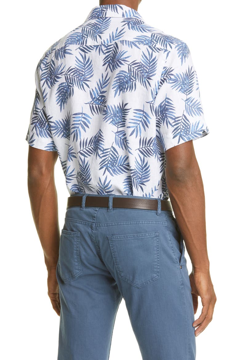 Palm Leaf Short Sleeve Linen Button-Up Shirt, Alternate, color, BLUE