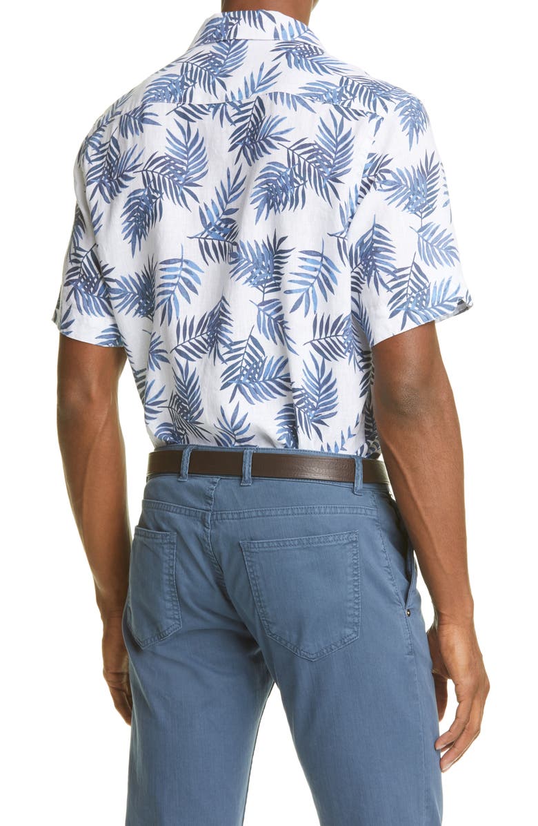 Eleventy Palm Leaf Short Sleeve Linen Button-Up Shirt, Alternate, color,