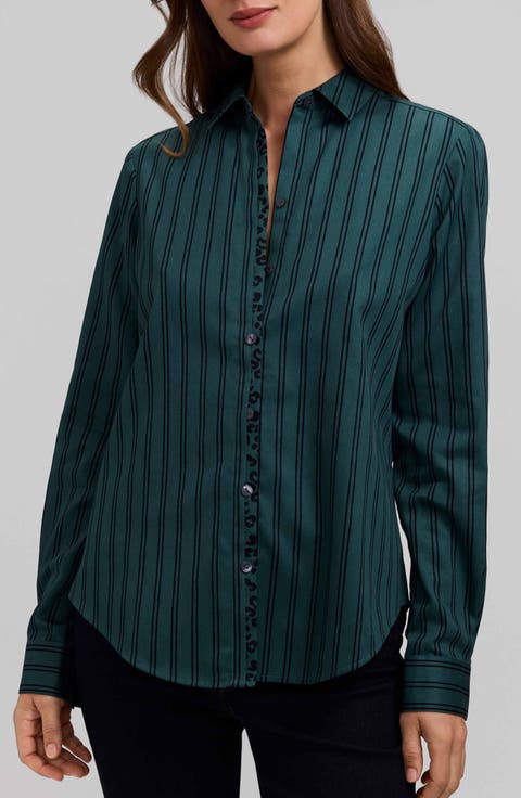 Charlie Stripe Animal Print Trim Cotton Button-Up Shirt