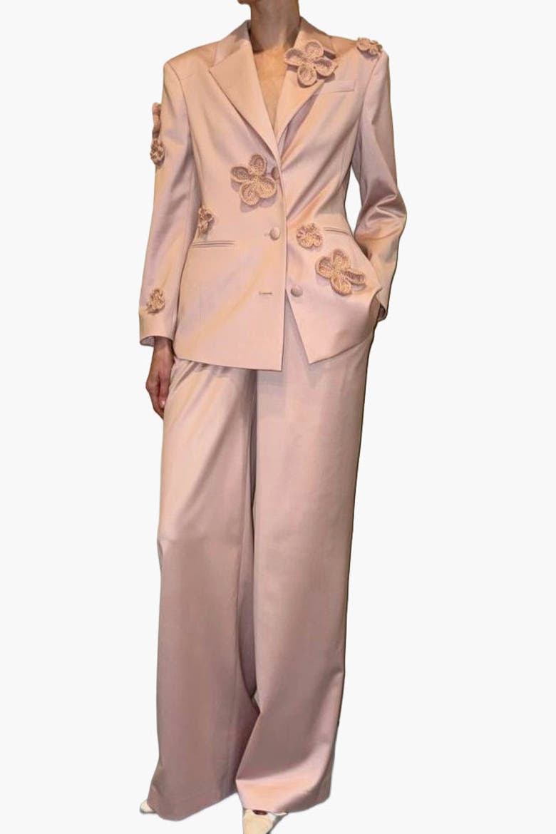 Classic Hourglass Jacket With Crochet Floral Appliques, Alternate, color, Powder
