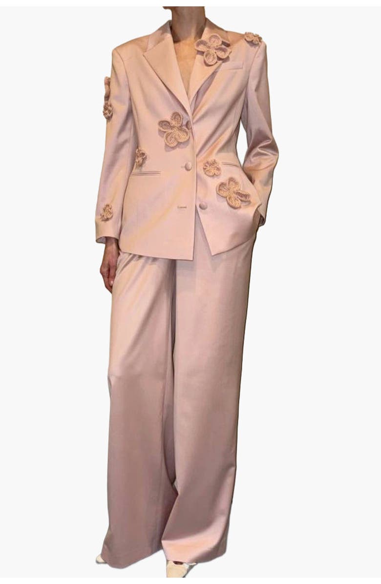 Malva Florea Classic Hourglass Jacket With Crochet Floral Appliqus, Alternate, color, Powder