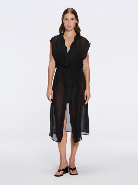 Dela Sleeveless Wavy-Trim Belted Sheer Kaftan