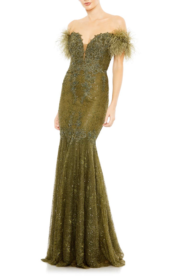 Beaded Feather Trim Off the Shoulder Mermaid Gown, Main, color, OLIVE