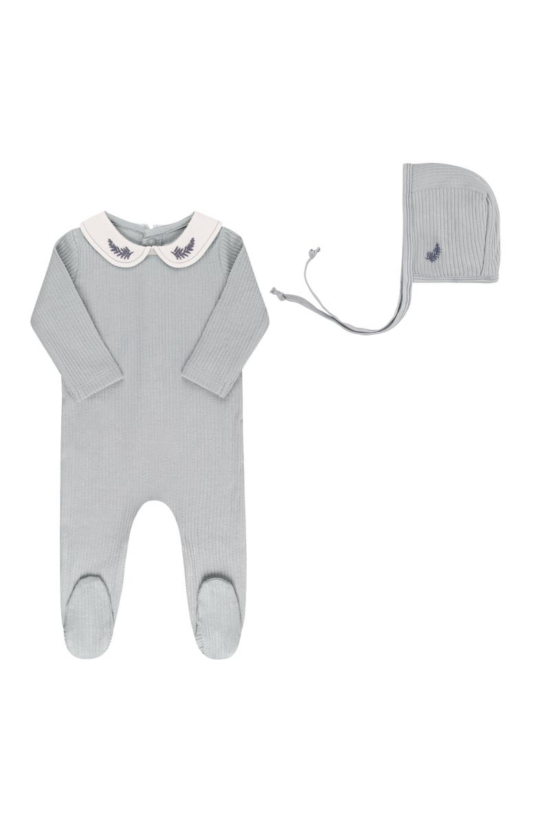 Ely's & Co. Organic Cotton Embroidered Collar Collection - Footie + Bonnet, Main, color, Blue Leaf