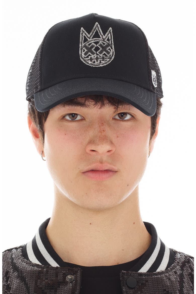 Sequins Logo Trucker Hat, Main, color, BLACK