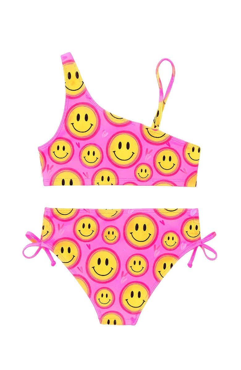 Limeapple Smiley Face Printed One Shoulder Bikini Swimsuit, Alternate, color, Pink Multi