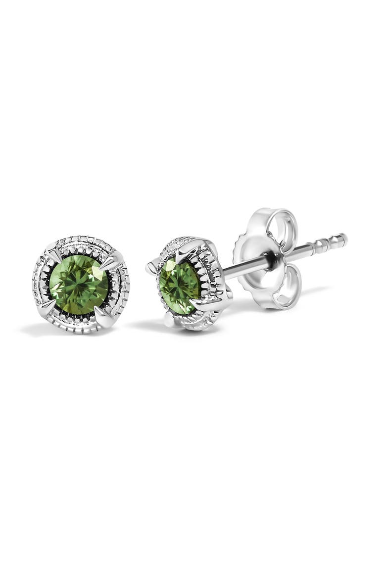 Silver 1/4 Ct Treated Colored Diamond Solitaire Milgrain Stud Earrings, Alternate, color, Green Diamond