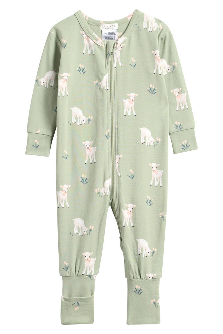Little Lambs Fitted Stretch Organic Cotton Blend Convertible Footie Pajamas, Main, color, SAGE
