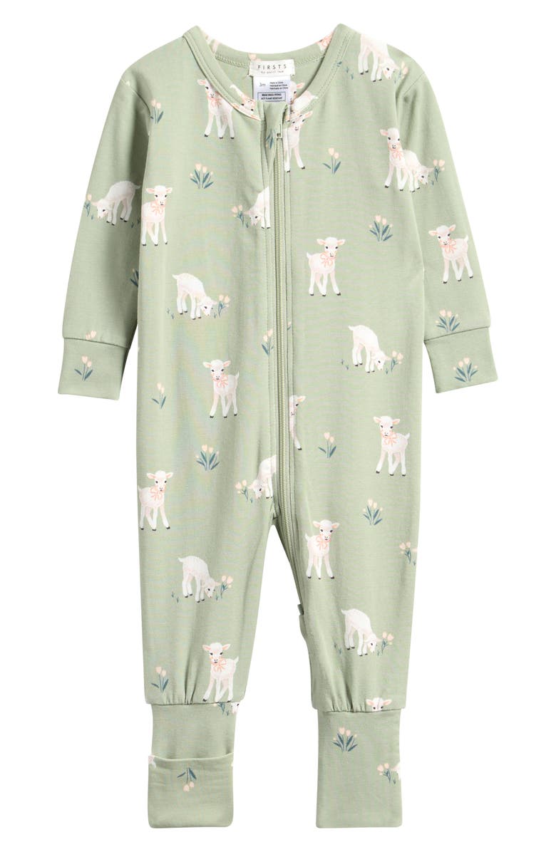 Petit Lem Little Lambs Fitted Stretch Organic Cotton Blend Convertible Footie Pajamas, Main, color, Sage