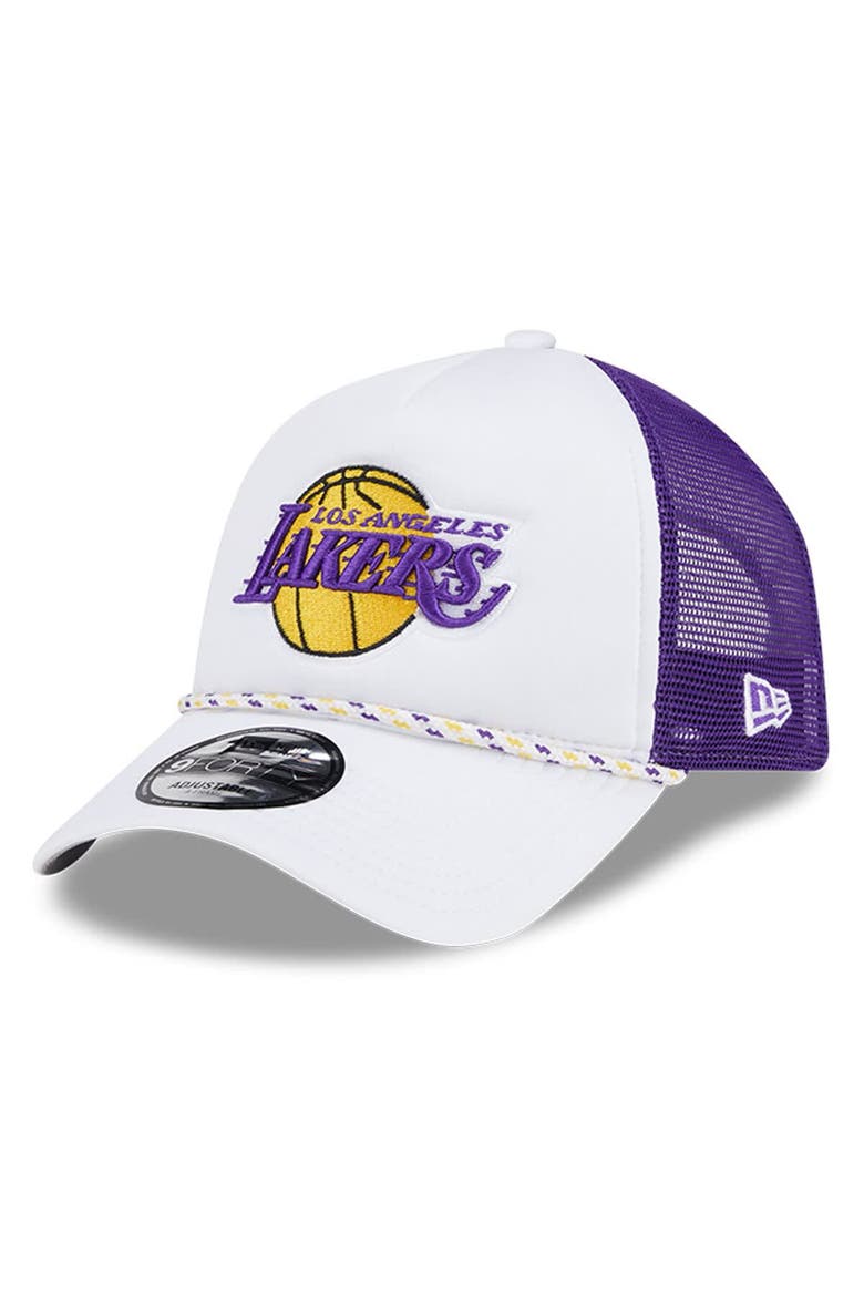 Men's New Era White/Purple Los Angeles Lakers Court Sport Foam A-Frame 9FORTY Adjustable Trucker Hat, Main, color, White