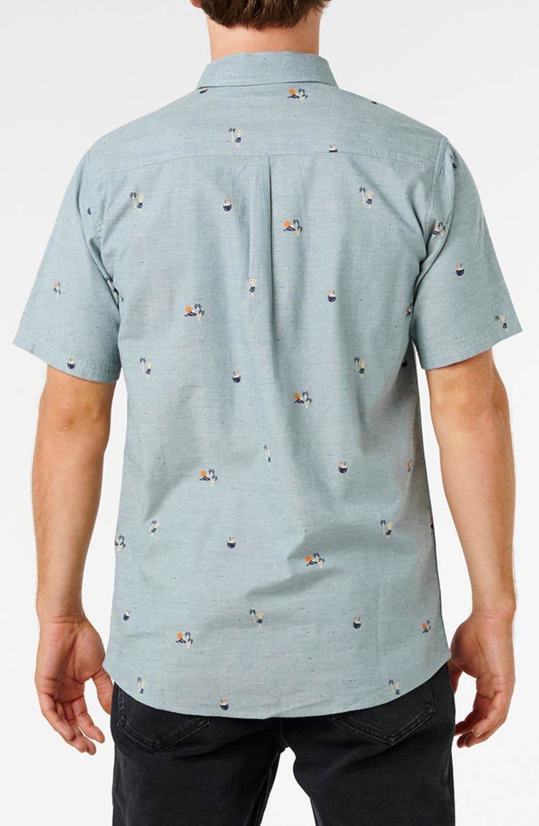 Rip Curl Skelly Breach Tropical Print Short Sleeve Cotton Chambray Button-Down Shirt, Alternate, color, Bluestone