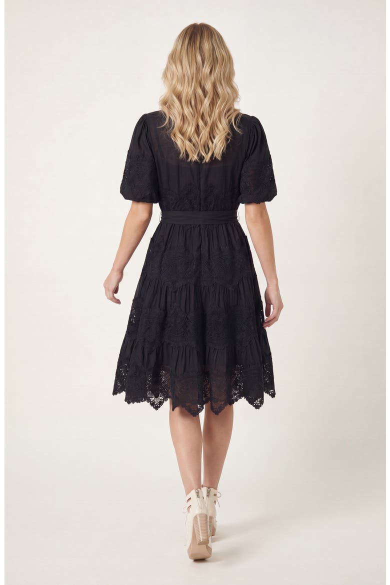Lace Trim Puff Sleeve Midi Dress with Waist Tie, Alternate, color, Black