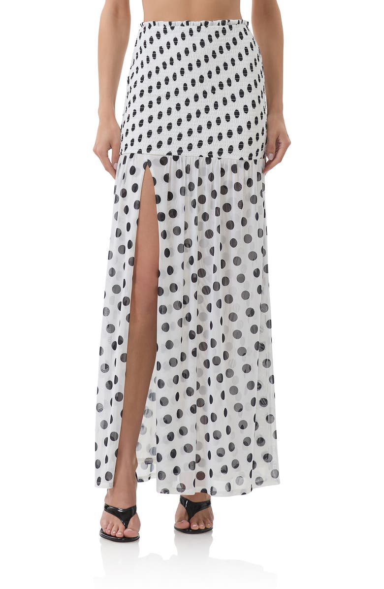 AFRM Quincy Print Smocked Mesh Maxi Skirt, Main, color, Blancdot