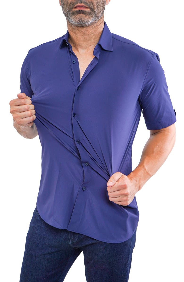 Maceoo Galileo Navy Stretchcore Short Sleeve Cotton Blend Button-Up Shirt, Alternate, color, 