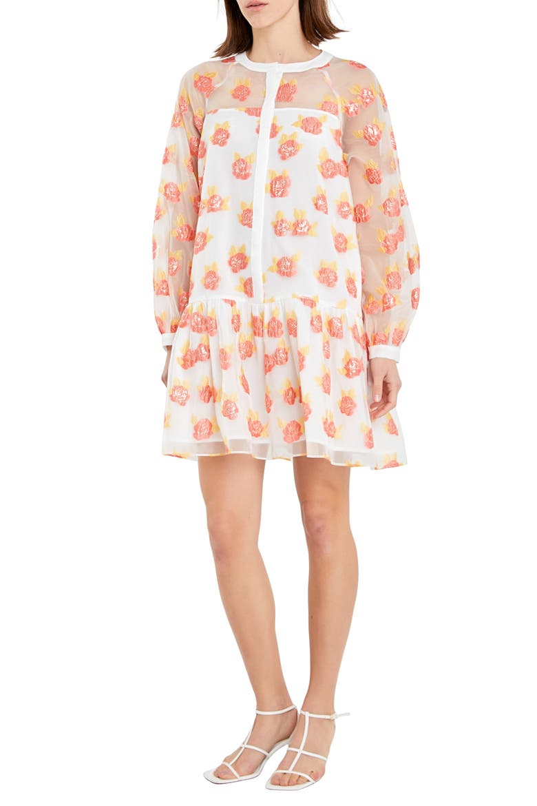 Floral Button Front Long Sleeve Organza Minidress, Alternate, color, ORANGE