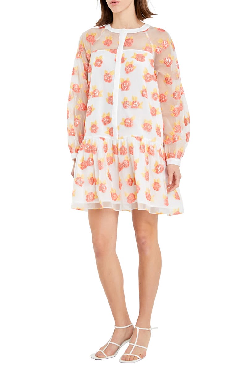English Factory Floral Button Front Long Sleeve Organza Minidress, Alternate, color, Orange
