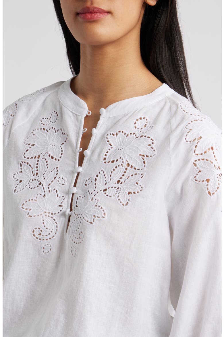 Embroidered Cutwork Split Neck Linen Blend Popover Top, Alternate, color, WHITE