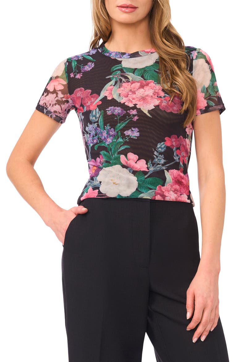 Devin Floral Mesh T-Shirt, Main, color, RICH BLACK