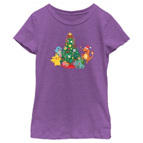 Girl's Pokemon Christmas Tree Characters  Graphic T-Shirt