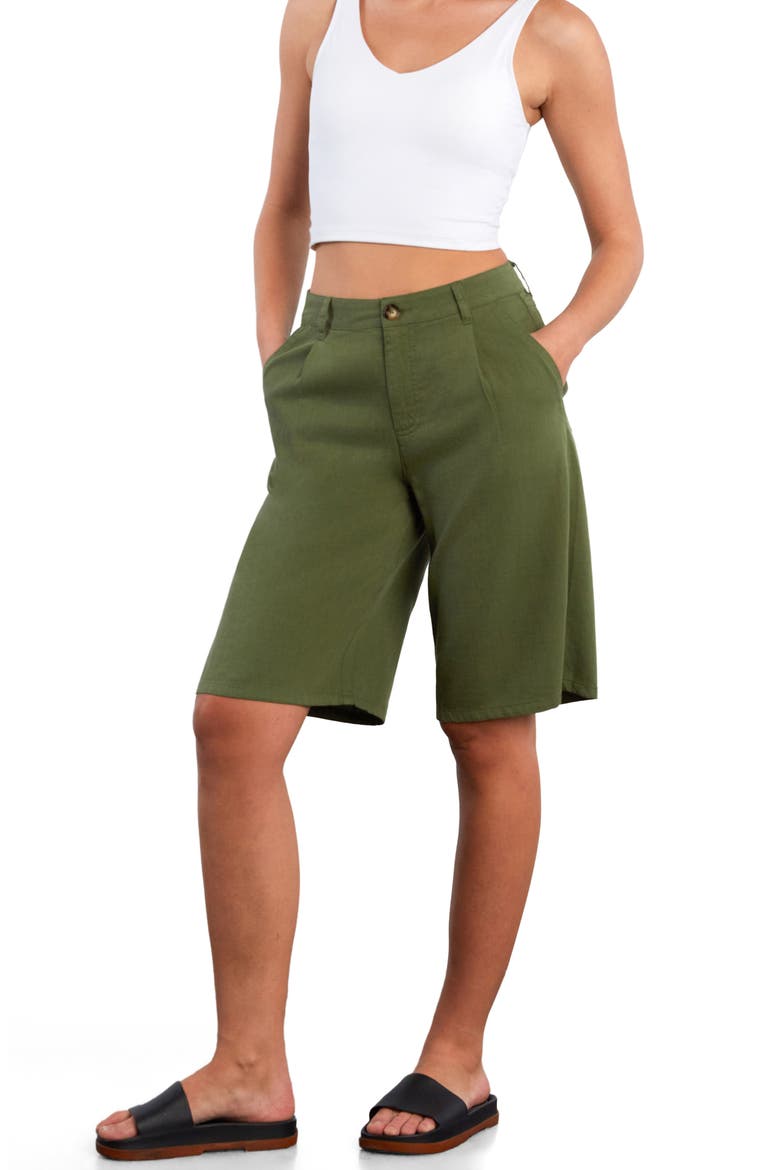 Chill Pleated Mid Rise Denim Bermuda Shorts, Alternate, color, VINEYARD GREEN